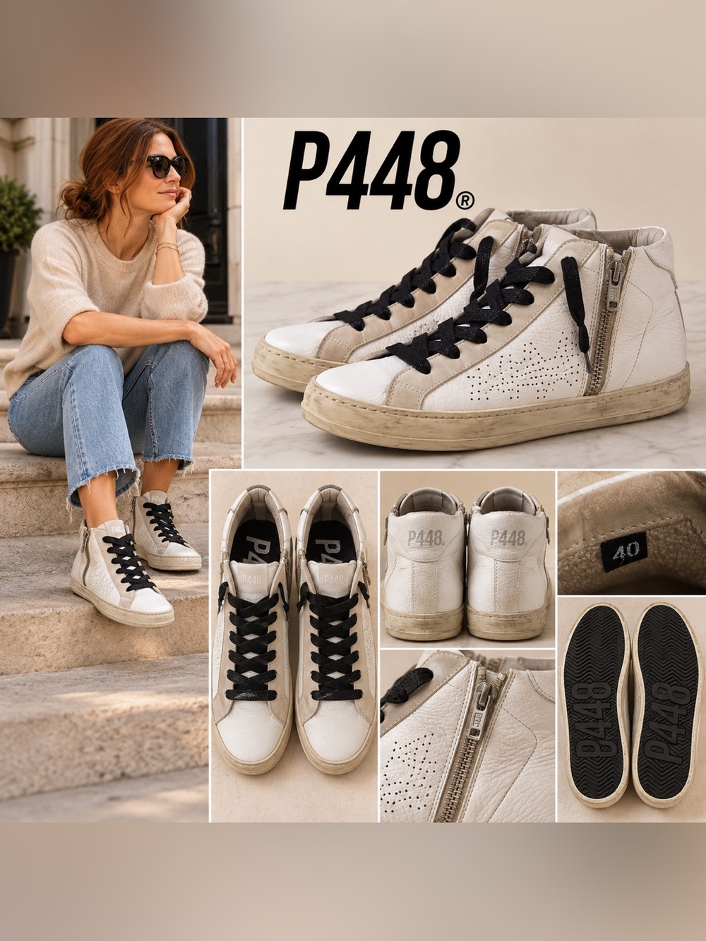 P448 White Leather High-Top Side Zip Sneakers EU 40